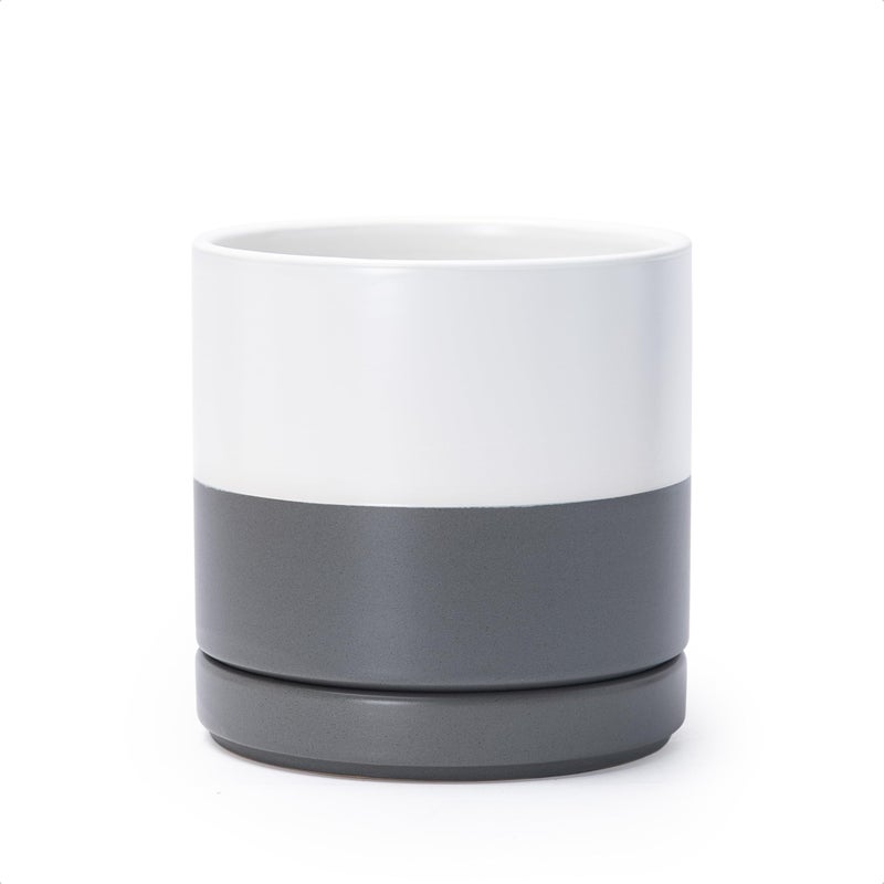 D'vine Dev 6.5 Inch Ceramic Planter Pot with Drainage Hole and Saucer, Indoor Cylinder Round Flower Pot, White/Speckled Grey, 94-O-C-6 - Image 1